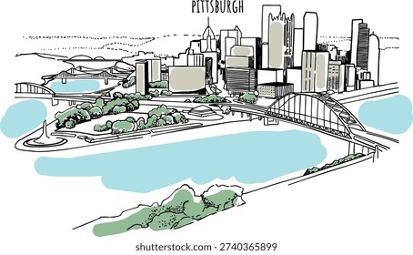 Typography word Pittsburgh branding technology concept. Hand drawn pencil, ink, brush vector illustration. Pennsylvania culture travel set, architectures, specialties detailed silhouette. USA landmark