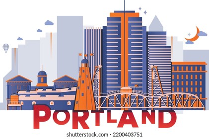 Tipografía palabra "Portland" concepto de tecnología de marca. Colección de iconos web vectoriales planos. Juego de viajes culturales, famosas arquitecturas, especialidades y silueta detallada. Punto de referencia famoso de Estados Unidos