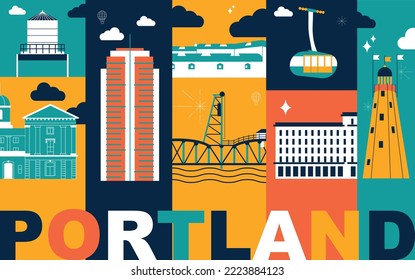 Typography word Portland branding technology concept, split video screen. Collection flat vector web icons. Culture travel set famous architectures, detailed silhouette. American landmark illustration