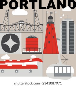 Typography word "Portland" branding technology concept. Collection of flat vector web icons. Culture travel set, famous architectures, specialties detailed silhouette. American famous landmark