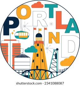 Typography word "Portland" branding technology concept. Collection of flat vector web icons. Culture travel set, famous architectures, specialties detailed silhouette. American famous landmark