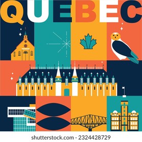 Typography word Quebec branding technology concept. Collection of flat vector web icons. Canadian culture travel set, architectures, specialties detailed silhouette. Doodle American famous landmark