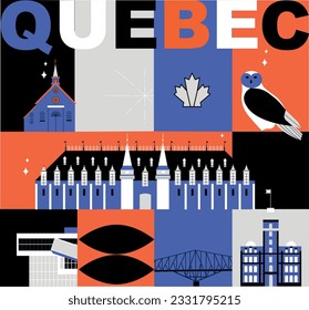 Typography word Quebec branding technology concept. Collection of flat vector web icons. Canadian culture travel set, architectures, specialties detailed silhouette. Doodle American famous landmark