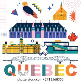 Concepto de tecnología de marca de Quebec. Colección de iconos planos de la web del Vector. Conjunto de viaje de la cultura canadiense, arquitecturas, especialidades silueta detallada. Doodle Lugar famoso americano de Memphis
