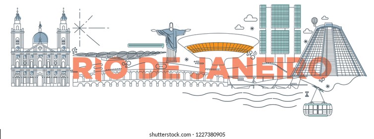 Typography word "Rio De Janeiro" branding technology concept. Collection of flat vector web icons, culture travel set, famous architectures, specialties detailed silhouette. Brazilian famous landmark. - Shutterstock ID 1227380905