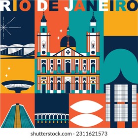 Typografisches Wort "Rio de Janeiro" Branding Technologie Konzept. Sammlung von flachen Vektorgrafiken Web-Icons, Kulturreisen Set, berühmte Architekturen, Spezialitäten detaillierte Silhouette. Brasilianisches berühmtes Wahrzeichen.