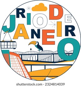 La palabra tipográfica "Río de Janeiro" marca el concepto de tecnología. Colección de iconos de la web de vectores planos, conjunto de viajes de cultura, arquitecturas famosas, especialidades de silueta detallada. Lugar emblemático de Brasil.