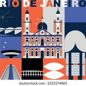 Typography word "Rio De Janeiro" branding technology concept. Collection of flat vector web icons, culture travel set, famous architectures, specialties detailed silhouette. Brazilian famous landmark.