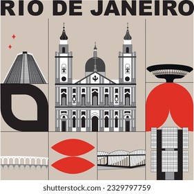 La palabra tipográfica "Río de Janeiro" marca el concepto de tecnología. Colección de iconos de la web de vectores planos, conjunto de viajes de cultura, arquitecturas famosas, especialidades de silueta detallada. Lugar emblemático de Brasil.