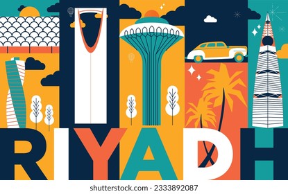 Tipografía palabra concepto de tecnología de marca Riyadh. Colección de iconos web vectoriales planos. Juego de viajes de la cultura saudita, arquitectura, especialidades detalladas silueta. Lugares famosos de Doodle.	