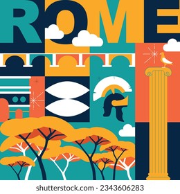 Typography word "Rome" branding technology concept. Collection of flat vector web icons. Rome culture travel set, famous architectures, specialties detailed silhouette. Italian famous landmark