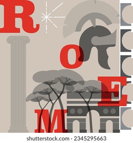 Typografie Wort "Rom" Branding Technologie Konzept. Sammlung von flachen Vektorgrafiken im Web. Kulturreiseangebot Rom, berühmte Architekturen, Spezialitäten detaillierte Silhouette. Italienisches Wahrzeichen