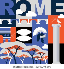 Typography word "Rome" branding technology concept. Collection of flat vector web icons. Rome culture travel set, famous architectures, specialties detailed silhouette. Italian famous landmark