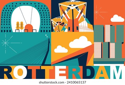 Typography word Rotterdam branding technology concept. Collection flat vector web icons. Culture travel set, famous architectures, specialties silhouette. European famous landmark, split video screen	