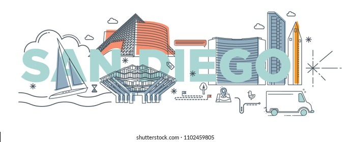 Typography word "San Diego" branding technology concept. Collection of flat vector web icons, culture travel set, famous architectures, specialties detailed silhouette. American famous landmark.
