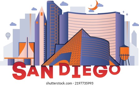 Tipografía: concepto de tecnología de marca "San Diego". Colección de iconos de la web de vectores planos, conjunto de viajes de cultura, arquitecturas famosas, especialidades de silueta detallada. Lugar de referencia famoso de Estados Unidos.