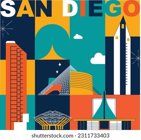 Tipografía: concepto de tecnología de marca "San Diego". Colección de iconos de la web de vectores planos, conjunto de viajes de cultura, arquitecturas famosas, especialidades de silueta detallada. Lugar de referencia famoso de Estados Unidos.