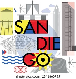 Typography word "San Diego" branding technology concept. Collection of flat vector web icons, culture travel set, famous architectures, specialties detailed silhouette. American famous landmark.