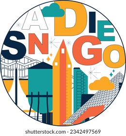 Typography word "San Diego" branding technology concept. Collection of flat vector web icons, culture travel set, famous architectures, specialties detailed silhouette. American famous landmark.