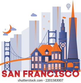 Typography word "San Francisco" branding technology concept. Collection of flat vector web icons, culture travel set, famous architectures, specialties detailed silhouette. American famous landmark.