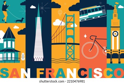 Typography word San Francisco branding technology concept. Collection of flat vector web icons. Culture travel set, famous architectures, specialties silhouette. USA famous landmark split video screen