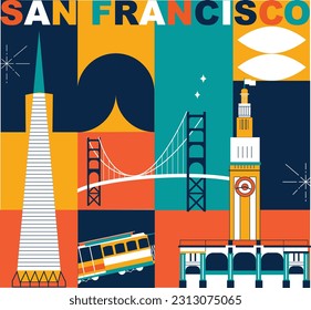 Typography word "San Francisco" branding technology concept. Collection of flat vector web icons, culture travel set, famous architectures, specialties detailed silhouette. American famous landmark.