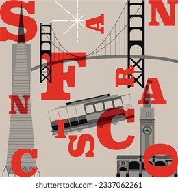 Typography word "San Francisco" branding technology concept. Collection of flat vector web icons, culture travel set, famous architectures, specialties detailed silhouette. American famous landmark.