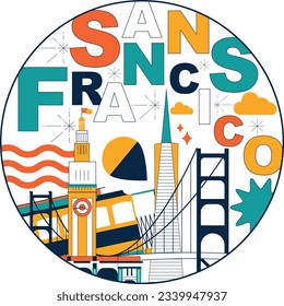 Typography word "San Francisco" branding technology concept. Collection of flat vector web icons, culture travel set, famous architectures, specialties detailed silhouette. American famous landmark.