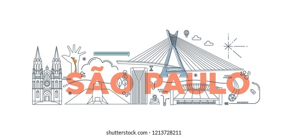 Typography word "Sao Paulo" branding technology concept. Collection of flat vector web icons, culture travel set, famous architectures and specialties detailed silhouette. Brazilian famous landmark.