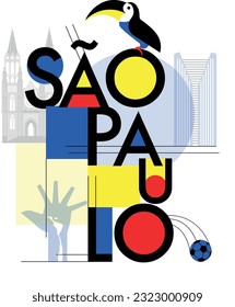 Typography word "Sao Paulo" branding technology concept. Collection of flat vector web icons, culture travel set, famous architectures and specialties detailed silhouette. Brazilian famous landmark.