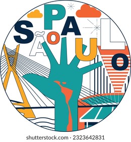 Typography word "Sao Paulo" branding technology concept. Collection of flat vector web icons, culture travel set, famous architectures and specialties detailed silhouette. Brazilian famous landmark.