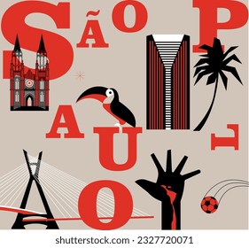 Typography word "Sao Paulo" branding technology concept. Collection of flat vector web icons, culture travel set, famous architectures and specialties detailed silhouette. Brazilian famous landmark.