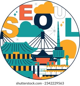 Typography word "Seoul" branding technology concept. Collection of flat vector web icons. Seoul culture travel set, famous architectures and specialties detailed silhouette. Korean famous landmark.