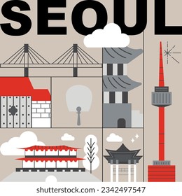 Typography word "Seoul" branding technology concept. Collection of flat vector web icons. Seoul culture travel set, famous architectures and specialties detailed silhouette. Korean famous landmark.