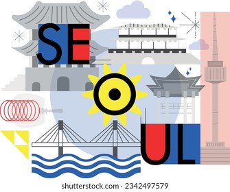 Typography word "Seoul" branding technology concept. Collection of flat vector web icons. Seoul culture travel set, famous architectures and specialties detailed silhouette. Korean famous landmark.