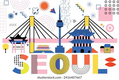 Typography word Seoul branding technology concept. Collection of flat vector web memphis and Bauhaus elements. South Korean culture travel set, famous architecture, landmark. Abstract geometric poster