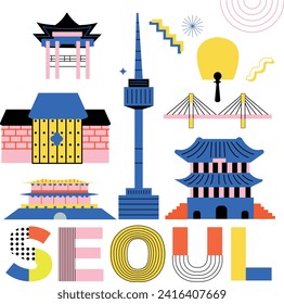 Typography word Seoul branding technology concept. Collection of flat vector web memphis and Bauhaus elements. South Korean culture travel set, famous architecture, landmark. Abstract geometric poster