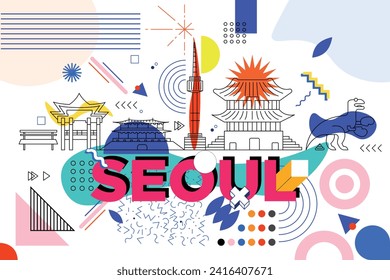 Typography word Seoul branding technology concept. Collection of flat vector web memphis and Bauhaus elements. South Korean culture travel set, famous architecture, landmark. Abstract geometric poster