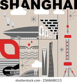 La palabra tipográfica "Shanghai" marca el concepto de tecnología. Colección de iconos web vectoriales planos. Juego de viajes culturales, famosas arquitecturas y especialidades detalladas silueta. Lugar de referencia famoso en China.