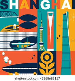 Typography word "Shanghai" branding technology concept. Collection of flat vector web icons. Culture travel set, famous architectures and specialties detailed silhouette. Chinese famous landmark.