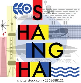 Typography word "Shanghai" branding technology concept. Collection of flat vector web icons. Culture travel set, famous architectures and specialties detailed silhouette. Chinese famous landmark.