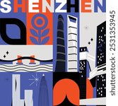 Typography word Shenzhen branding technology concept. Collection of flat vector web icons. Chinese culture travel set, architectures, specialties detailed silhouette. Doodle China famous landmarks.