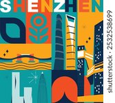 Typography word Shenzhen branding technology concept. Collection of flat vector web icons. Chinese culture travel set, architectures, specialties detailed silhouette. Doodle China famous landmarks.