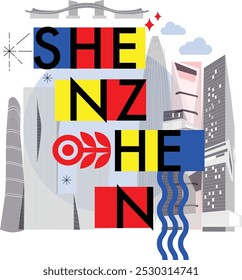 Concepto de tecnología de marca de Shenzhen. Colección de iconos planos de la web del Vector. Conjunto de viaje de la cultura china, arquitecturas, especialidades silueta detallada. Doodle China Lugares famosos famosos.