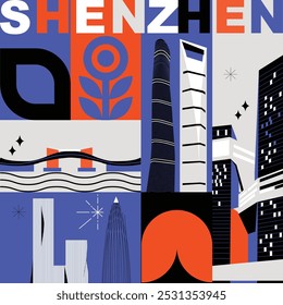 Concepto de tecnología de marca de Shenzhen. Colección de iconos planos de la web del Vector. Conjunto de viaje de la cultura china, arquitecturas, especialidades silueta detallada. Doodle China Lugares famosos famosos.