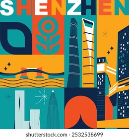 Concepto de tecnología de marca de Shenzhen. Colección de iconos planos de la web del Vector. Conjunto de viaje de la cultura china, arquitecturas, especialidades silueta detallada. Doodle China Lugares famosos famosos.