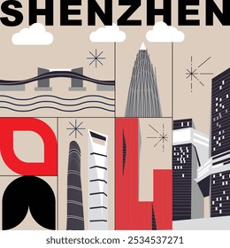 Concepto de tecnología de marca de Shenzhen. Colección de iconos planos de la web del Vector. Conjunto de viaje de la cultura china, arquitecturas, especialidades silueta detallada. Doodle China Lugares famosos famosos.