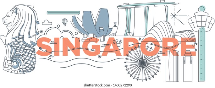 Typography Word Singapore Branding Technology Concept. Collection Of Flat Vector Web Icons. Asian Culture Travel Set, Architectures, Specialties Detailed Silhouette. Doodle Malaysia Famous Landmarks.