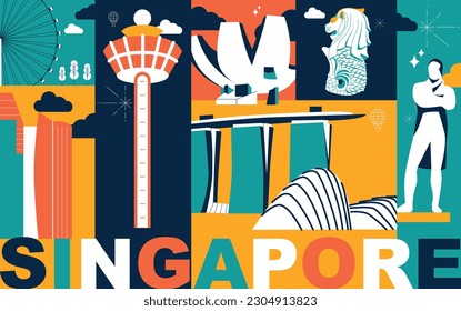 Typography word Singapore branding technology concept. Collection of flat vector web icons. Asian culture travel set, architectures, specialties detailed silhouette. Doodle Malaysia famous landmarks.