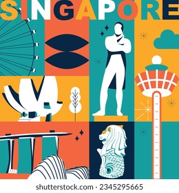 Typography word Singapore branding technology concept. Collection of flat vector web icons. Asian culture travel set, architectures, specialties detailed silhouette. Doodle Malaysia famous landmarks.